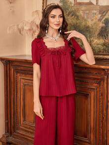 SHEIN Contrast Lace Tie Front Ruffle Hem PJ Set - Burgundy - View 5