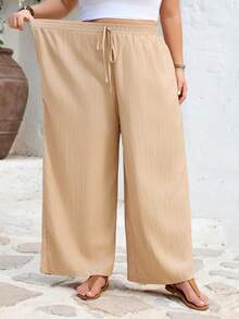 SHEIN CURVE+ Curve Size US22 音樂節波希米亞風傳統寬鬆 2件組紋理壓褶布料直筒長褲 鼠尾草綠 米色 正式居家穿著 秋季 - 彩色 - 查看 7
