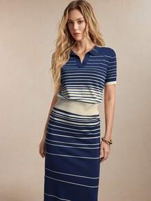 BizChic 新款春夏蓝色不对称渐变条纹Polo领半拉链单排扣装饰设计撞色抗起球轻盈丝滑针织女式毛衣，适合夏季叠穿或单穿 - 藏蓝色 - 查看 9