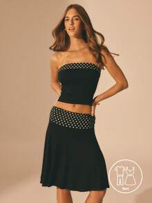 Aralina 女士两件套撞色波点修身抹胸上衣搭配侧边褶皱飘逸中长裙套装，波点上衣，波点半裙，夏季度假装，春季装，婚礼宾客装，节日装，休闲女装 - 黑色 - 查看 1