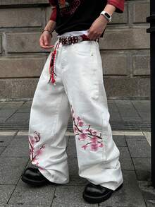 STEELVANCE Men's Casual Loose Fit Floral Embroidery Rivet Design Wide Leg Jeans Pants, Streetwear Fashion, Daily Wear - White - View 7