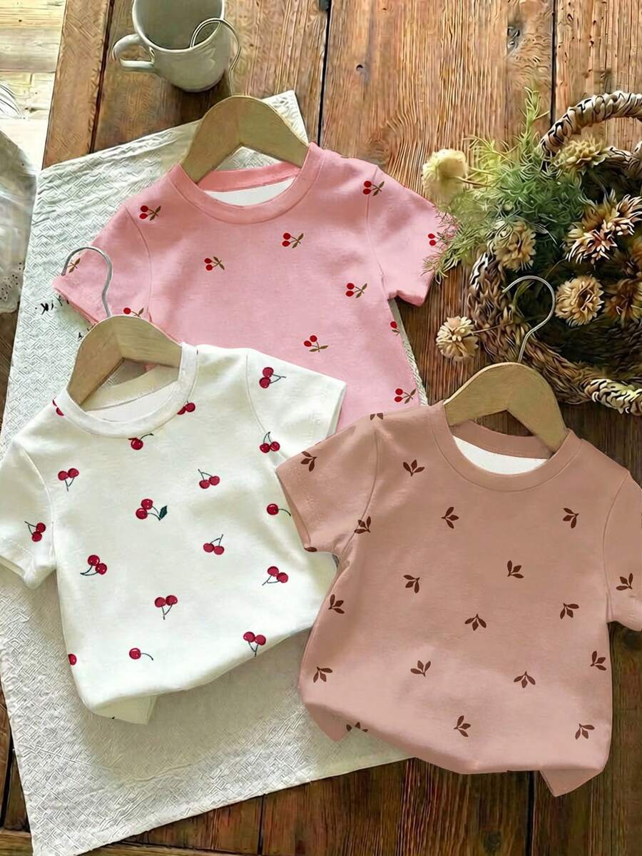 SHEIN 3pcs/Set Baby Girl Casual Simple Round Neck Short Sleeve T-Shirts, Suitable For Spring/Summer - Multicolor - View 1