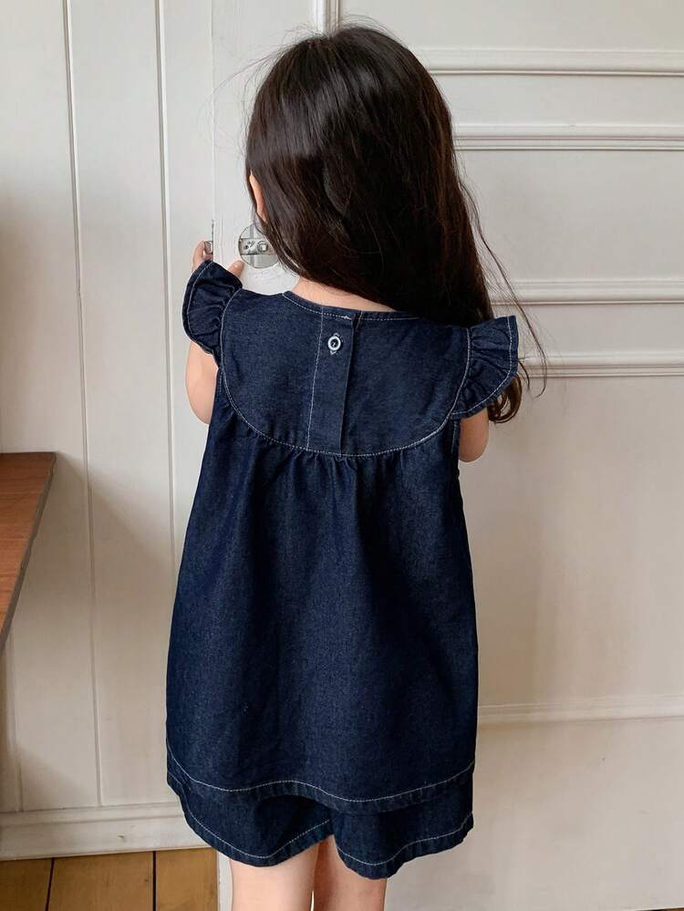 2pcs Young Girl Girls Denim Round Neck Short Sleeve Top And Shorts Set, Fall Outfit Summer