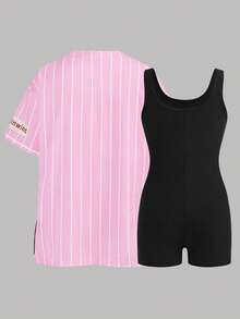 SHEIN Set de 2 piezas: Chaqueta estampada con jersey de baloncesto + Mono de punto negro para adolescentes, conjunto casual y elegante para uso diario - Multicolor - Ver 2