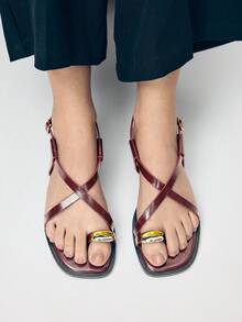 Mnmlis Sandalias planas de mujer de diseño de moda color borgoña, con punta abierta, combinables, adecuadas para ocio, uso diario, viajes, trayectos, vacaciones y playa - Burdeos - Ver 10