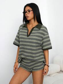 SHEIN PETITE 两件套女士条纹休闲套装,适合日常外出、休闲、旅行和工作穿着,秋季女装,女士短款套装,夏季上衣,女士针织上衣 - 綠色 - 查看 7