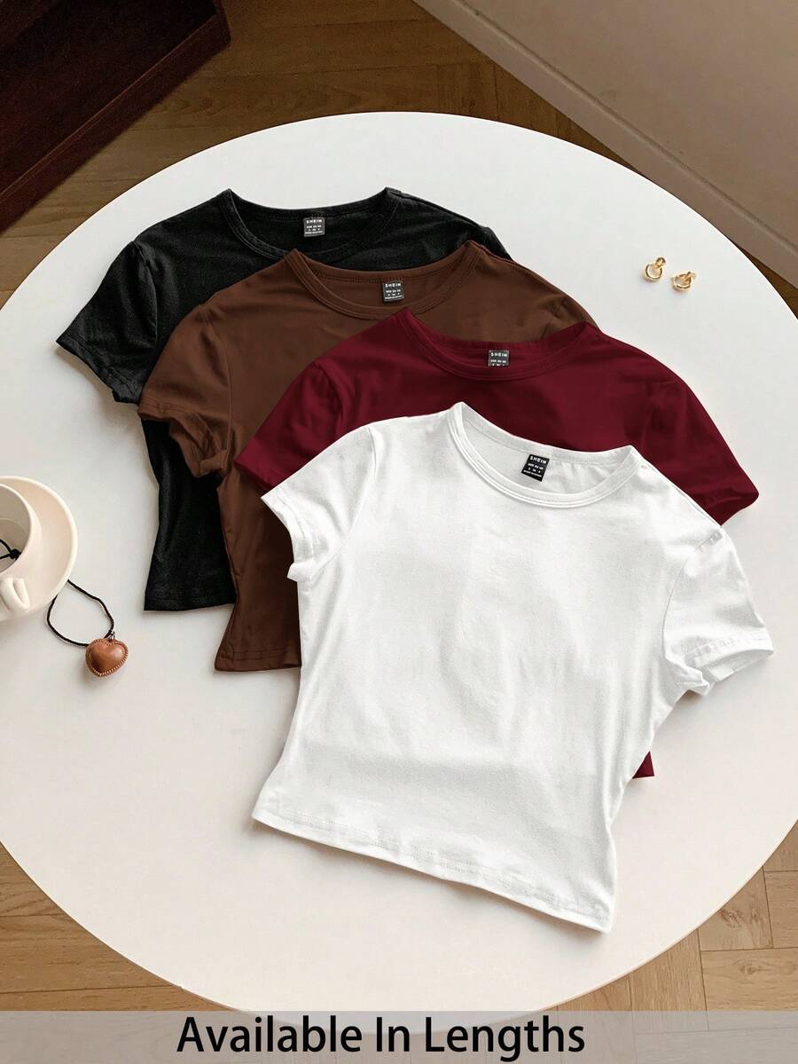 SHEIN Tall CURVE Plus Size 4-Piece Set Solid Color Cropped Round Neck Short Sleeve Fitted Women T-Shirt, Suitable For Summer - Multicolor - View 1