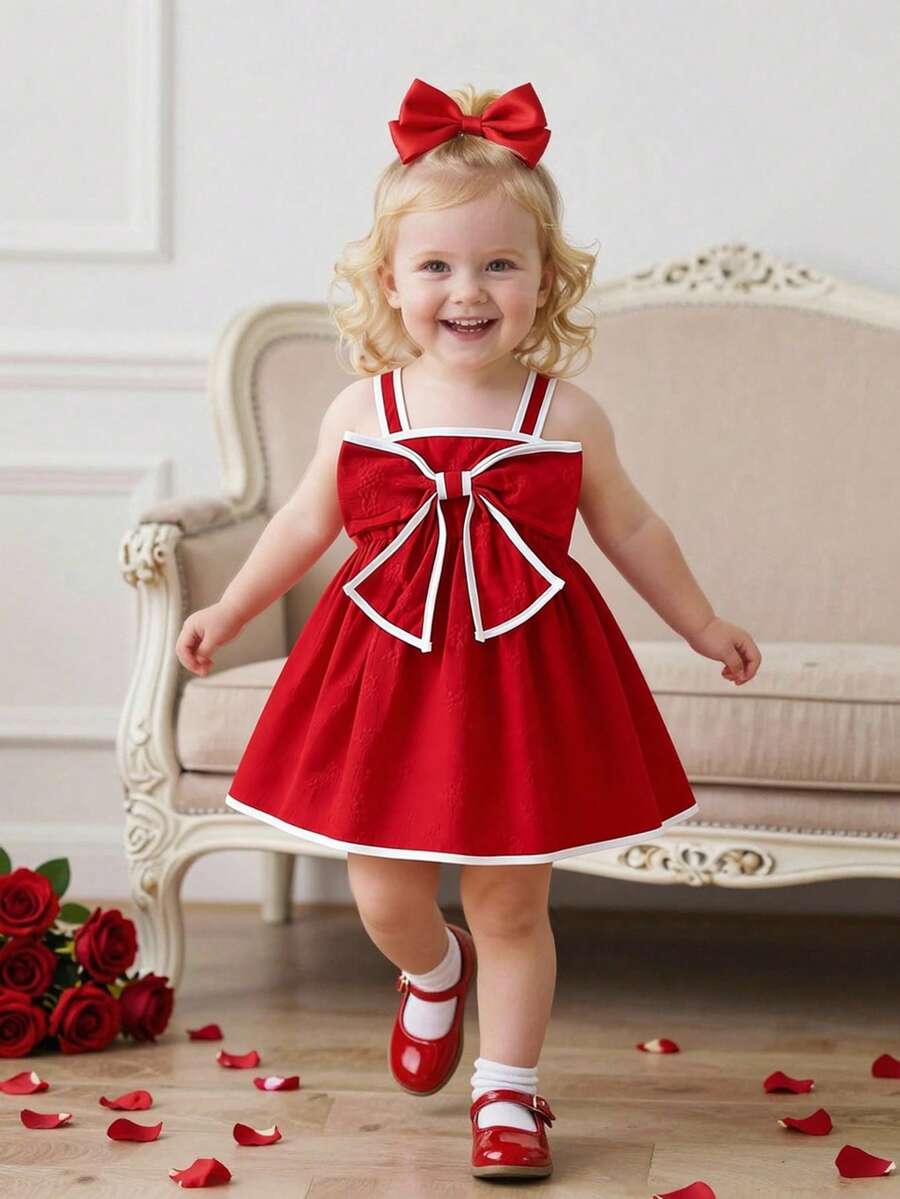 SHEIN Baby Girl Elegant Textured Fabric Contrast Bow Dress - Red - View 1
