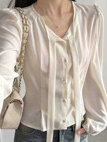 DAZY Puff Sleeve Tie Waist Cropped Women's Blouse - Beige - View 6