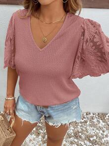 SHEIN Clasi Plus Size Elegant Waffle Knit Patchwork Ruffle Sleeve T-Shirt - Dusty Pink - View 7