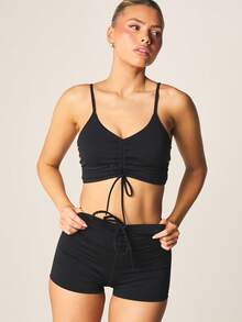 MISSGUIDED Ruched Detail High Rise Mini Shorts With Drawstring Waistband And Side Lace Up Design - Black - View 3