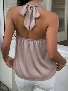 MainGRL Old Money Sleeveless Satin Camisole Top, Regular Hem, Solid Color Design, Cold Shoulder Top - Khaki - View 2