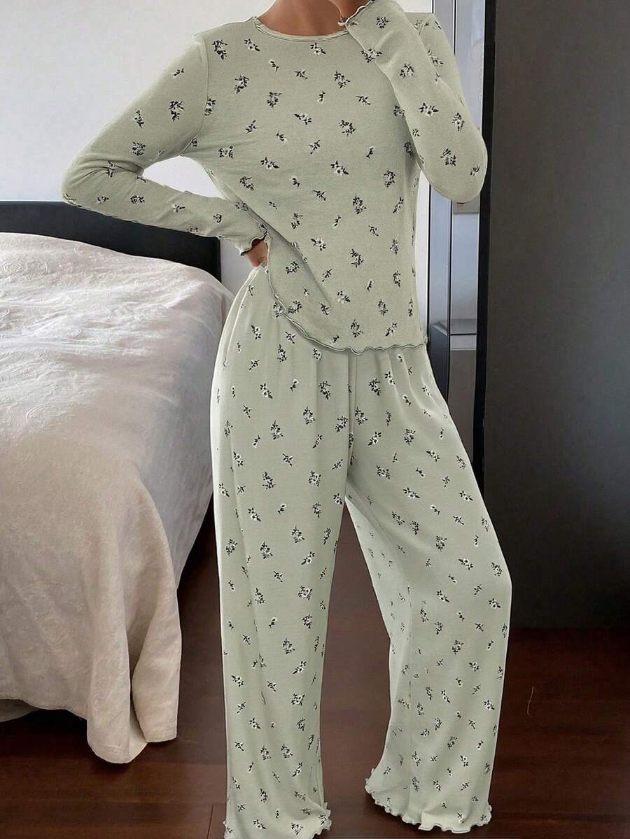 DAZY 女士秋季睡衣套装，2件套，碎花宽松长袖T恤和直筒裤。 - 綠色 - 查看 1