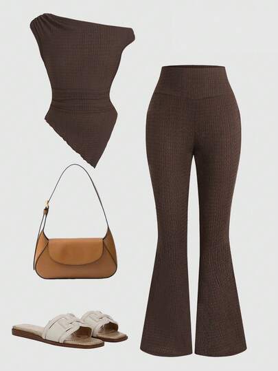 SHEIN Tween Girls Brown Jacquard Oblique Shoulder T-Shirt & Flare Pants Casual Co-Ord Set