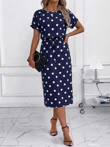 SHEIN Clasi 女士秋季新款蝙蝠袖波点连衣裙，黑白配色，适合日常通勤及多种场合 - 藏蓝色 - 查看 3