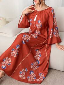 SHEIN Najma 印花束腰连衣裙 - 珊瑚橙 - 查看 3