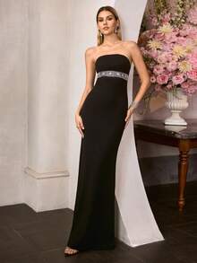 MOTF Soiréza 女士无肩带修身鱼尾晚礼服，胸下饰有水钻装饰带，自然垂坠的鱼尾裙摆，适合婚礼、盛大晚宴、颁奖典礼和正式招待会等场合。 - 黑色 - 查看 8