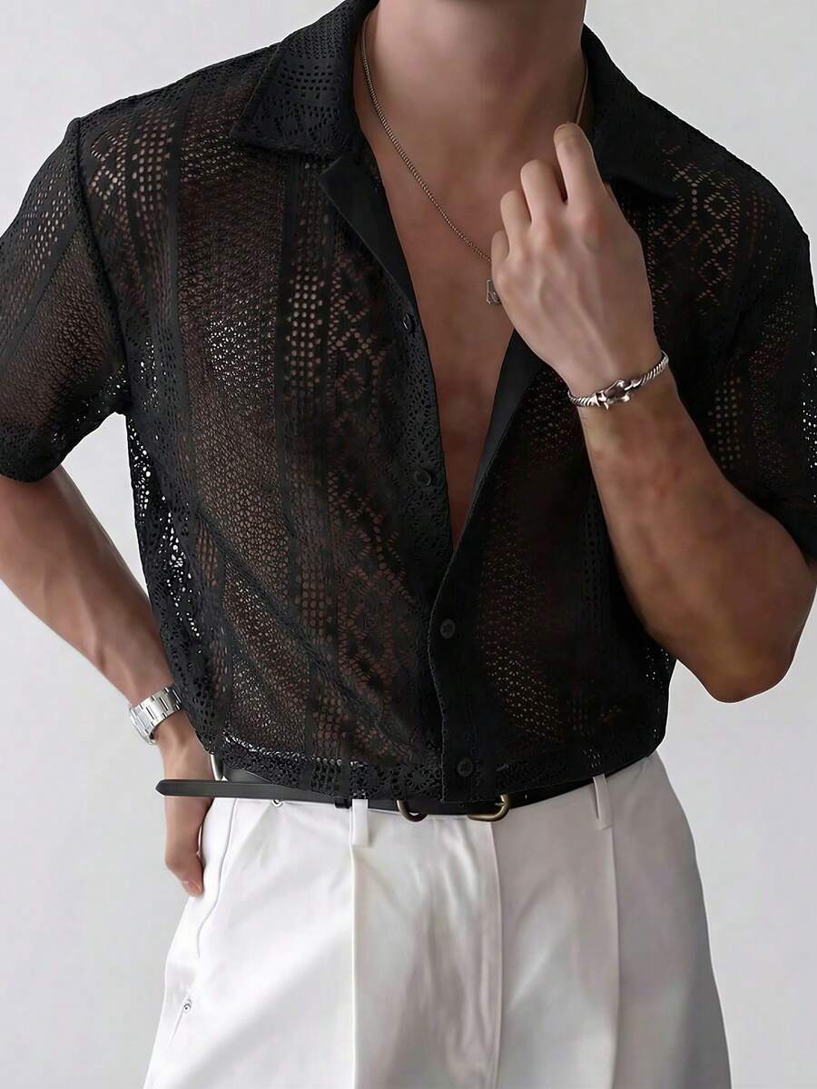 Manfinity RSRT Men's Solid Color See-Through Front Button Sexy Short Sleeve Shirt Men's Lace Mesh Shirt Men Lace Shirt Fishnet Shirt Men Open Knit Shirt Men Men Crochet Shirt - Black - View 1