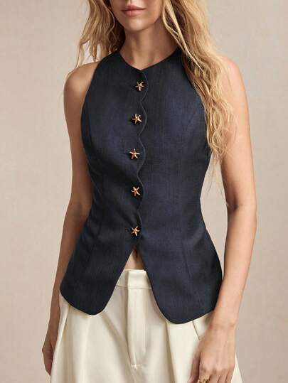 BizChic Nuevo chaleco de mujer de primavera/verano con cuello redondo, apertura frontal, decoración de botón de estrella de mar de metal, dobladillo ondulado, cintura ceñida y hombros descubiertos, en color azul marino. Elegante y de moda, ideal para carnaval, fiestas, trabajo y uso diario.