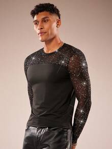 FeverCity Áo thun dài tay ôm dáng cổ tròn, phối lưới xuyên thấu, thích hợp cho tiệc tùng hộp đêm. - màu đen - Xem 1