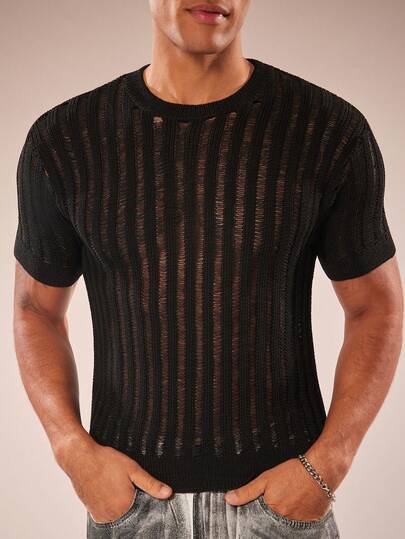 FeverCity Suéter de punto casual de cuello redondo de manga corta de unicolor para hombre