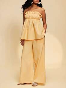 Travachic 2026 New Women's Romantic Vacation Cream Yellow Strapless Loose Top With Ruffle Hem & Long Pants With Pockets - Pale Yellow - View 4