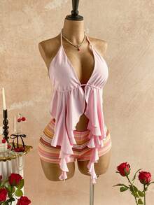 Soleia 波西米亚风钩针编织沙滩短裤，高腰梭织夏季休闲沙滩裤，迷你短裤 + 女士假日纯色不对称下摆性感吊带背心，夏季 - 彩色 - 查看 7