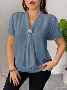 Firerie Plus Size Elegant Beaded Decor Blouse For Summer - Dusty Blue - View 8