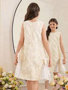 SHEIN Tween Girl Loose Elegant Round Neck Sleeveless Mesh Embroidered Fabric Bow Decor Ruffle Hem Dress Tween Girl - Apricot - View 4