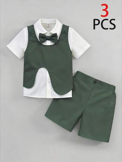 SHEIN 3pcs Kids Boy Casual Comfortable Polo Collar Open Front Short Sleeve Shirt, Green Vest Jacket, Shorts Set, Gentleman Outfit, Tracksuit, Y2K Style, Toddler Boy Clothes, Summer Shorts, Suitable For Spring/Summer, Outings, Valentine's Day, Dates, Travel, Vacation, Family Gatherings, Back To School, Weddings, Formal Events, Sports, Birthday Parties