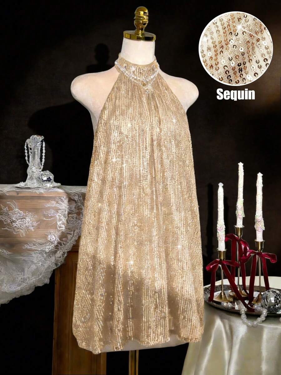 Franclia Petite 杏色亮片露背弹力性感无袖修身A字连衣裙/约会/派对/夜店/街头/情人节/生日/圣诞节/万圣节服装 - 香檳色 - 查看 1