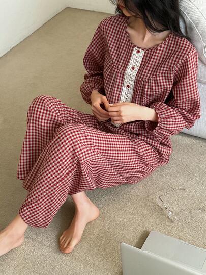 DAZY 2pcs Women Plaid Lace Patchwork Loose Cardigan Long Sleeve Lantern Sleeve & Straight Leg Loose Long Pants Pajama Set, Spring