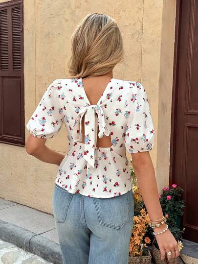 Serisse Women's Summer Casual Ditsy Floral Tie Back Petal Sleeve Blouse