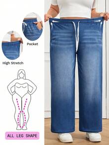 SHEIN CURVE+ Plus Size Women Drawstring Waist Wide Leg Loose Casual Versatile Jeans Spring To Summer Valentine's Day Carnival Costume Commuting Vacation Graduation Chic Y2k Cute Streetwear Party Wedding Elegant Business Casual Woman Loose Fit Women's Blue Wash Denim Wide Leg Jeans With Adjustable Drawstring - Blue - View 2