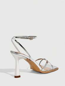 CUCCOO SZL 女士新款方头细高跟银色露趾踝带交叉绑带时尚性感百搭高跟凉鞋 - 銀色 - 查看 3