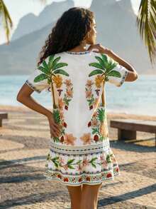 CAJUNI Tropical Vacation Cute Embroidery T-Shirt Dress - Apricot - View 4