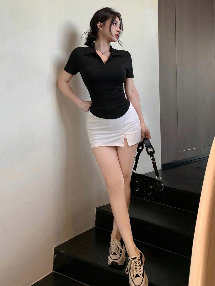 Women's Black Polo Shirt Basic Tee, Elegant For Music Festival, Valentine's Day, Wedding, Casual, Commute, Spring/Summer