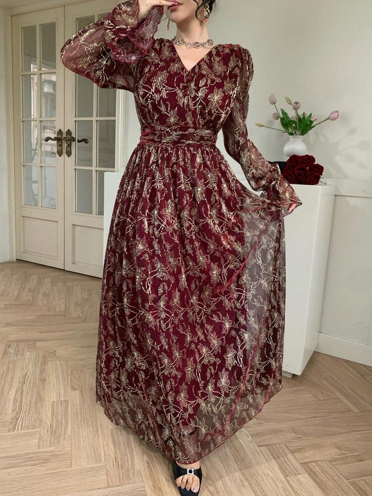 Spring/Summer Red Shiny Ditsy Floral Dress, Elegant Slim Fit Dress With Mesh Patchwork, Flared Sleeves And Ruffle Hem, Suitable For Valentine's Day, Wedding, Party, Formal Occasion Maxi Dress Sundress Boho