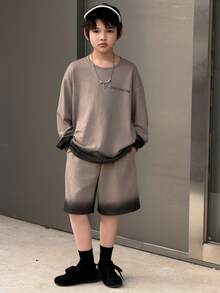 DAZY 男童字母印花圆领落肩长袖T恤和短裤休闲套装 - 灰色 - 查看 7