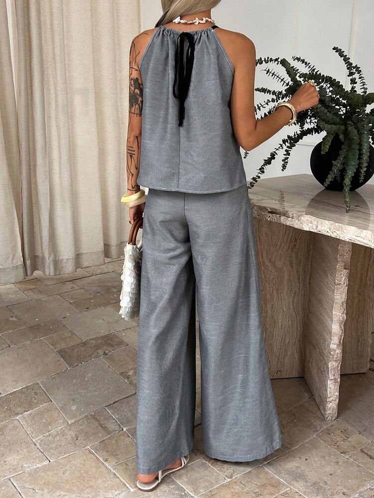 2pcs/Set Women Summer Thin Fashionable Spaghetti Strap Camisole And Wide Leg Pants Suit