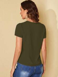 SHEIN Clasi 女士纯色圆领休闲百搭通勤短袖衬衫 - 軍綠色 - 查看 2