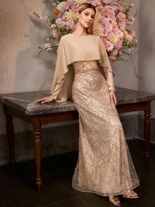 MOTF Soiréza WOMEN'S ELEGANT ROUND NECK LONG-SLEEVED CAPE-STYLE MAXI PARTY GOWN – WITH SPARKLY SEQUIN BEADED FAUX PEARL-EMBELLISHED, BATWING SLEEVE CENTRAL BACK ZIPPER, IDEAL FOR PARTIES, GALAS, FORMAL EVENINGS, HOLIDAY CELEBRATIONS & SPECIAL EVENTS - Khaki - View 6