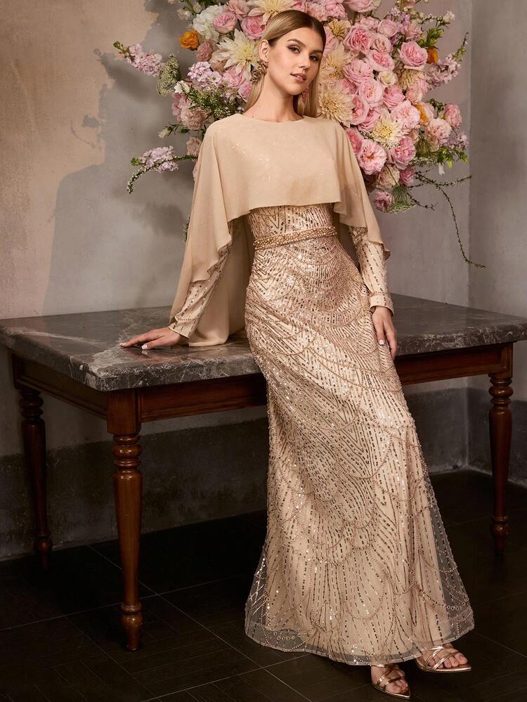 MOTF Soiréza 女性用エレガントなラウンドネック ロングスリーブ ケープスタイル マキシパーティードレス - スパークリングシーケンスビーズ付き 人工真珠装飾、バットウィングスリーブ、バックジッパー付き、パーティー、ガラ、フォーマルイベニング、ホリデーセレブレーション、特別な行事に最適