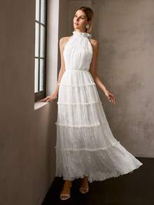 MOTF Soiréza WOMEN'S ELEGANT FLOOR-LENGTH FORMAL DRESS WITH RUFFLE NECKLINE, IDEAL FOR WEDDINGS, GALA DINNERS, CELEBRATIONS & FORMAL PARTIES - Beige - View 5