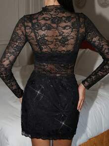 Lavishia 女式花卉蕾丝领长袖性感透视修身衬衫 - 黑色 - 查看 2