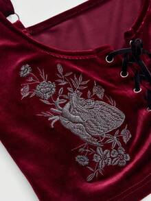 ROMWE Goth Conjunto de mujer de terciopelo con bordado de corazón gótico y floral - Burdeos - Ver 9