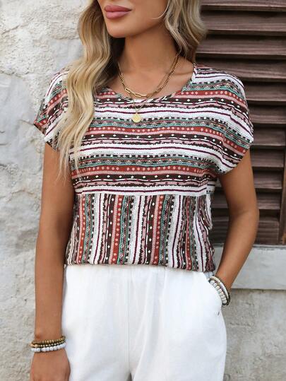 EMERY ROSE Women's Vintage Contrast Striped Loose Fit Short Sleeve Shirt Striped Shirt Summer Tops Summer Outfits For Women Going Out Tops For Women Going Out Outfits Vacation Outfits Women Summer Holiday Outfits Casual Blouses For Women Casual Outfit For Women