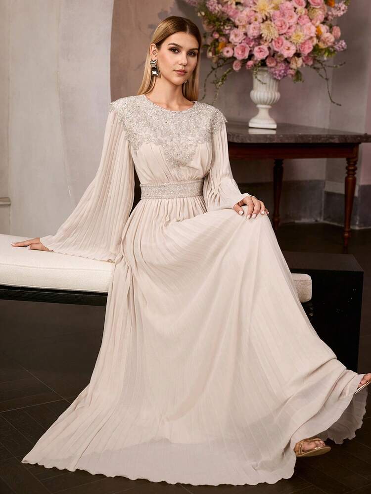 MOTF Soiréza WOMEN'S ELEGANT FORM-FITTING ROUND NECK LONG FLARED SLEEVES MAXI PARTY GOWN, PLEATED CHIFFON WITH SPARKLY BEAD APPLIQUE EMBELLISHMENTS,PERFECT FOR WEDDINGS, GALAS & HOLIDAY PARTIES, SPRING SUMMER DRESSES