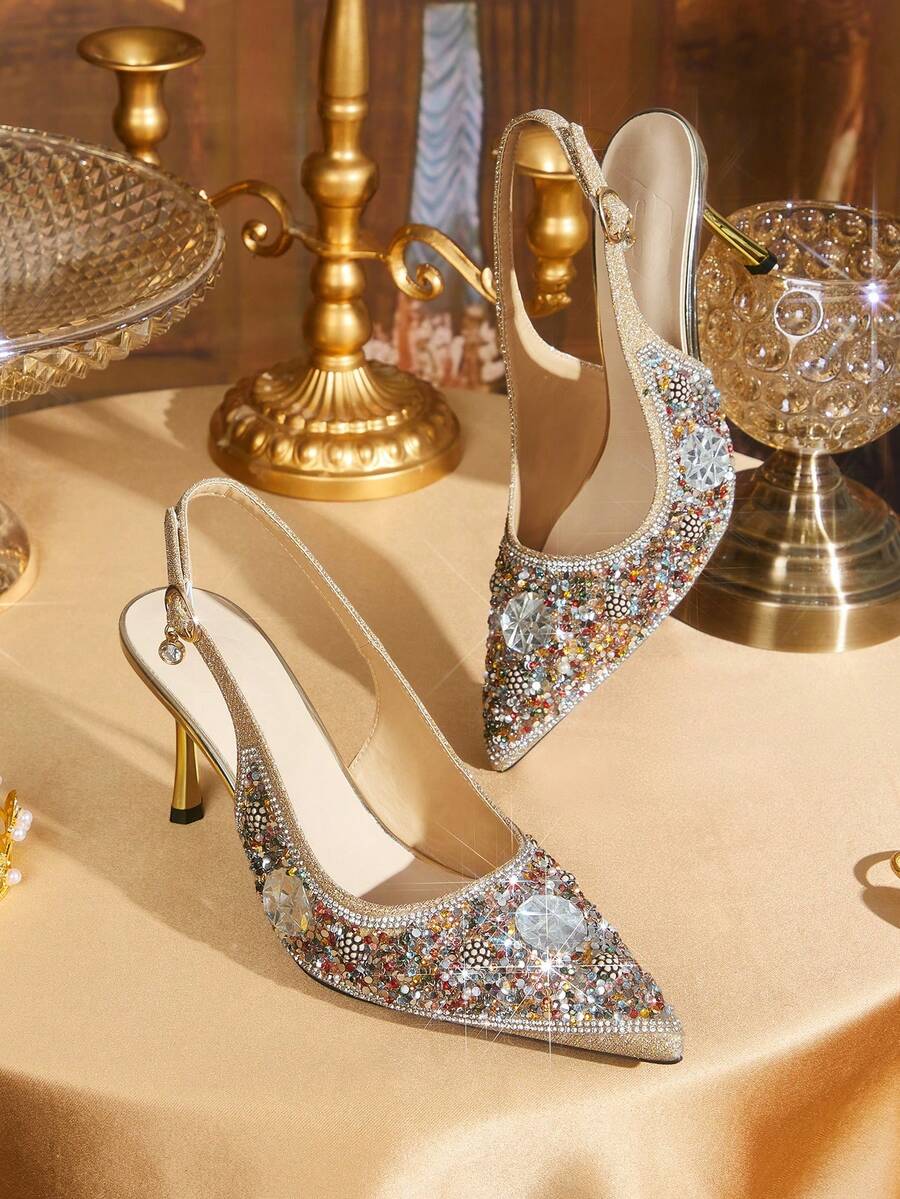 CUCCOO TILAWA 女士镶钻尖头高跟鞋，时尚踝带礼服鞋，适合派对和宴会穿着 - 金色 - 查看 1