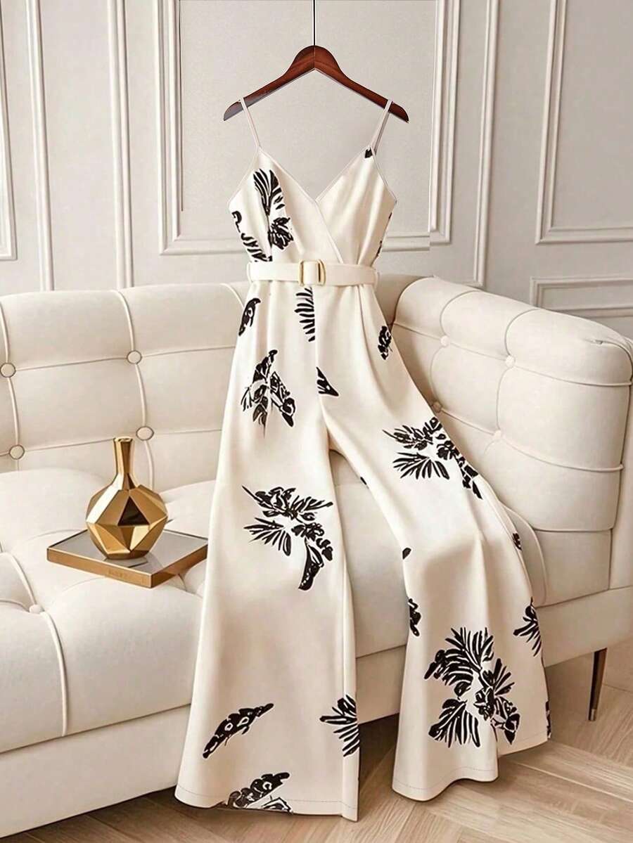 Franclia 女士简约印花连体裤，适合通勤和日常穿着 - 杏色 - 查看 1